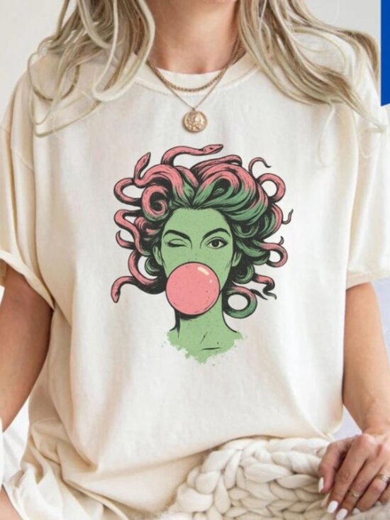 Tops - Mythological Snake Hair Goddess Tee, Medusa Bubblegum Graphic Tee